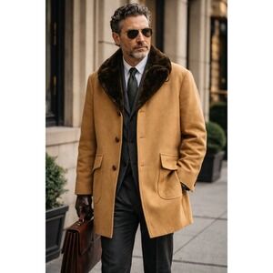 Vtg Mens Tan Wool Nylon Blend Faux Fur Collar Winter Coat 48L Shanhouse